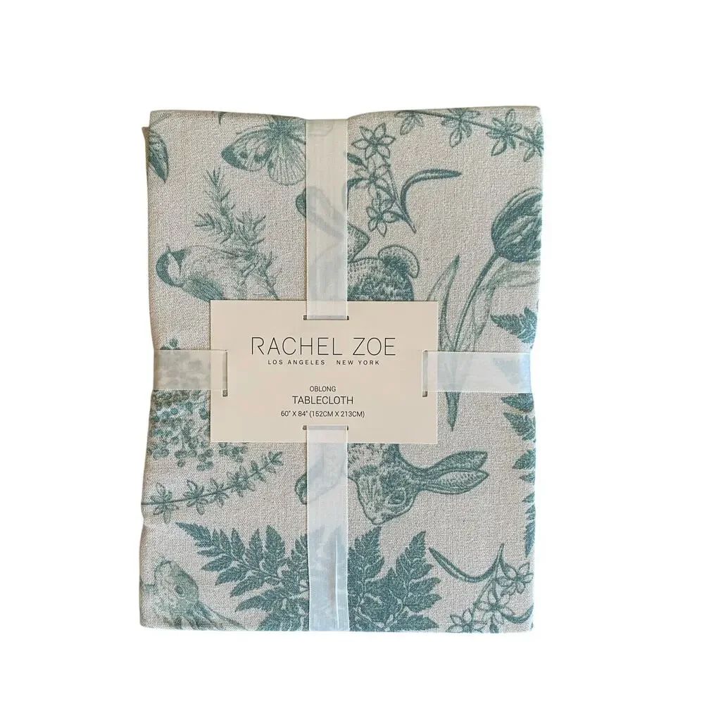 RACHEL ZOE Easter Tablecloth 60 x 84 Bunnies Ivory Green Silver Glitter New